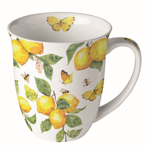 Tasse aus Porzellan Fresh lemons white  - Schmetterlinge an frischen Zitronen weiß 0,4L, Höhe 10,5cm