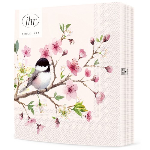 20 Servietten Little Birdie light rose - Kleiner Vogel an Blütenzweig 33x33cm