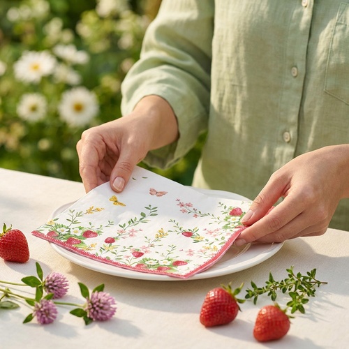 20 Servietten Jardin des fraises - Erdbeeren an Blumenranken 33x33cm