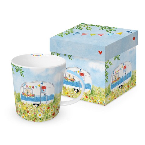 Tasse aus Porzellan Happy Camping - Campingwagen im Blumenfeld 0,4L, Höhe 9,7cm