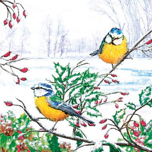 20 Servietten Two Winter Tits - Blaumeisen im Wintergebüsch 33x33cm