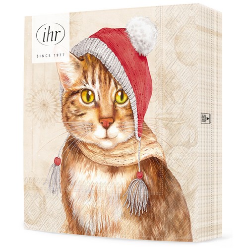 20 Servietten Jill cream - Katze mit Weihnachtsmütze 33x33cm