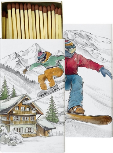 Kaminhölzer 45er Box Ski Vacations - Skifahrer an Winterhütte 11x6,3cm