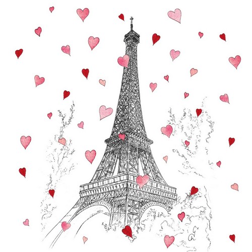 20 Servietten Paris Love - Herzen um Eiffelturm 33x33cm