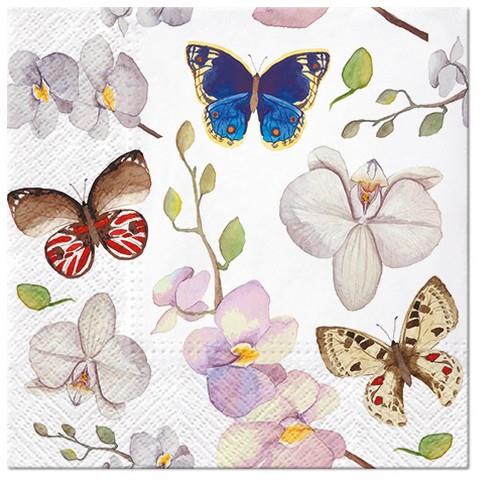 20 Servietten Orchidea Butterfly - Schmetterlinge an Orchideen 33x33cm
