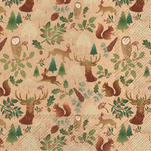 20 Servietten Recycling-Papier In the Wood green red - Tiere rot-braun im Wald 33x33cm