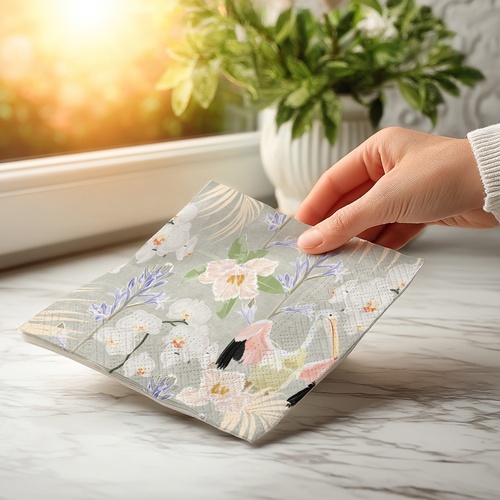 20 kleine Cocktailservietten Garden of grace - Pelikan an Orchideen 25x25cm