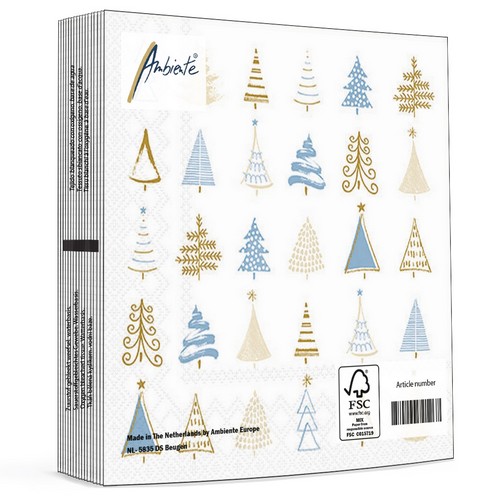 20 Servietten Christmas Tree Doodles blue - Moderne Baumformen blau-gold  33x33cm