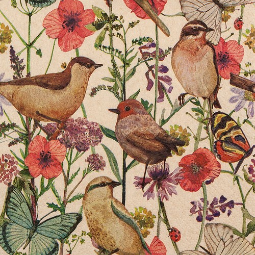 20 Servietten aus Recycling-Papier Birds in Spring eco - Vögel an Blumen im Frühling 33x33cm