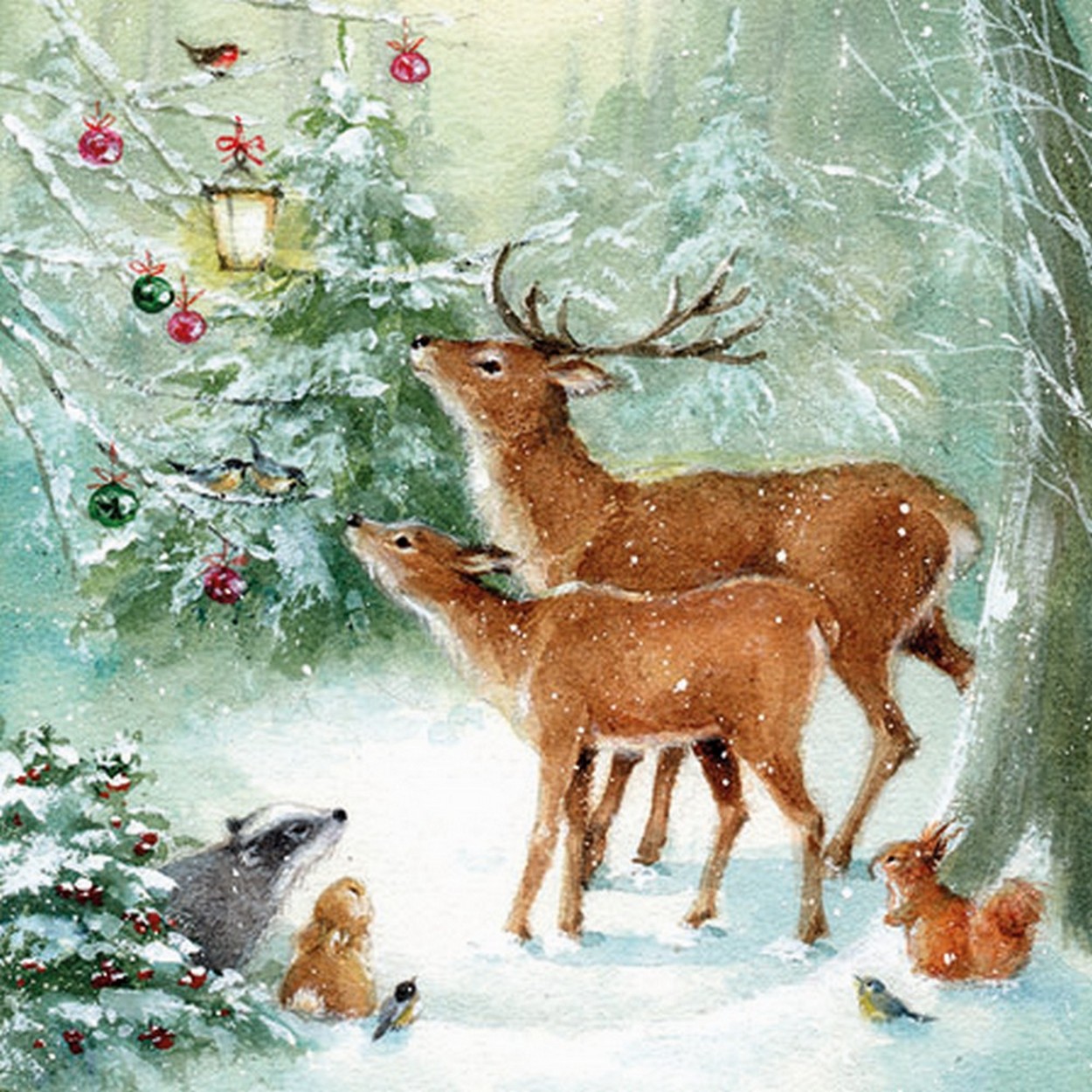 20 kleine Cocktailservietten Forest Celebration - Tiere treffen Reh und Hirsch im Winter 25x25cm