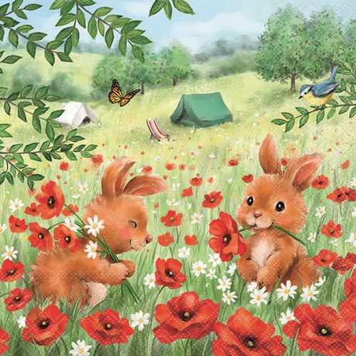 20 Servietten Summer Camp - Hasen im Mohnblumenfeld 33x33cm