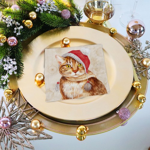 20 Servietten Jill cream - Katze mit Weihnachtsmütze 33x33cm