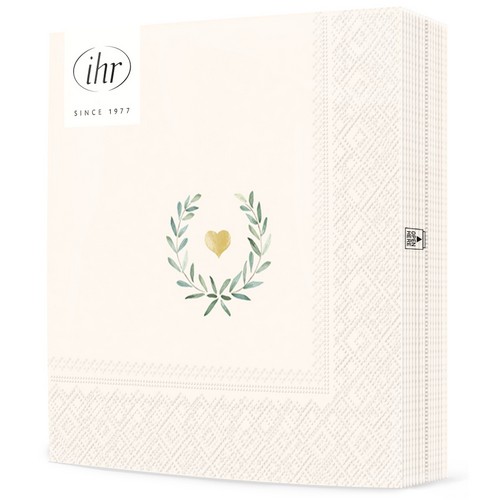 20 Servietten Laurel Wreath Heart cream - Goldenes Herz im zarten Kranz 33x33cm
