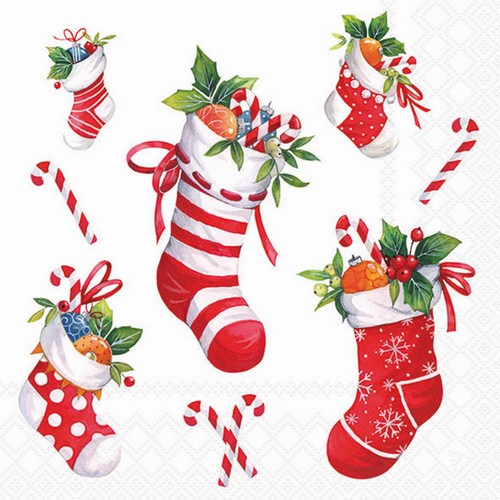 20 Servietten X-Mas stockings white - Strümpfe und Zuckerstangen 33x33cm