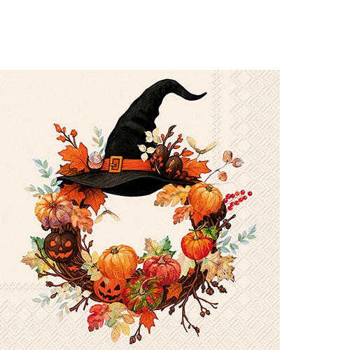 20 kleine Cocktailservietten Witch Wreath - Hexenhut im Kranz 25x25cm