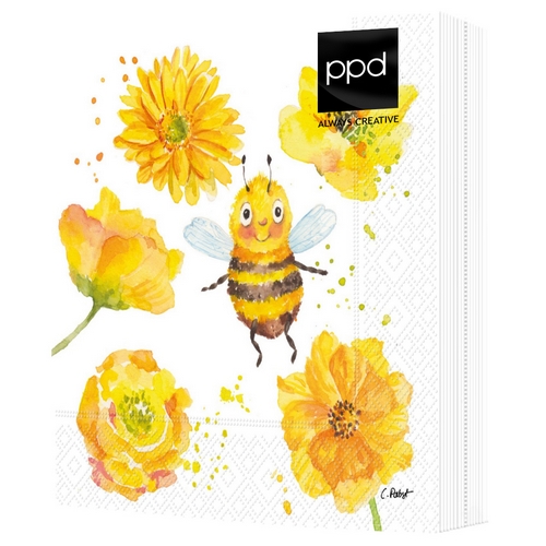 20 Servietten Hey Bee - Lustige Biene an gelben Blüten 33x33cm