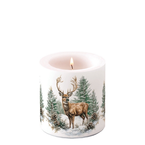 Kerze rund klein Winter Stag white - Eleganter Hirsch im Winterwald Ø 7,5cm, Höhe 9cm