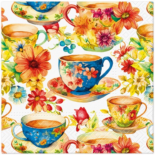 20 Servietten Summer Tea - Tassen mit Blumenmotiv 33x33cm