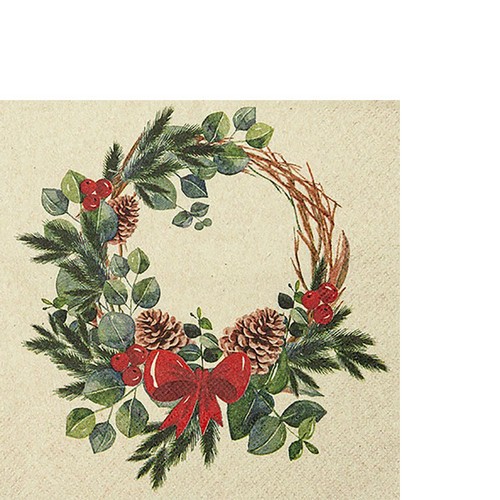20 kleine Cocktailservietten Natural Wreath - Geschmückter Weihnachtskranz 25x25cm