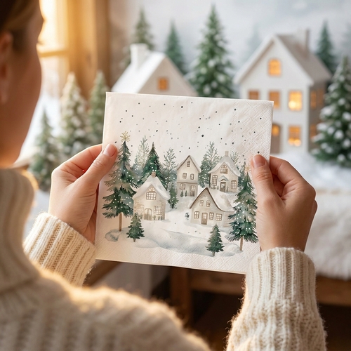 20 Servietten Snowy Houses - Weiße Winterhäuser im Wald 33x33cm