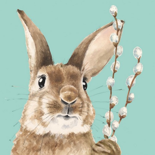 20 Servietten Fred - Hase an Weidenkätzchen mint 33x33cm