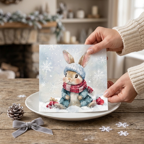 20 Servietten Bugsy - Niedlicher Hase in Winterbekleidung 33x33cm