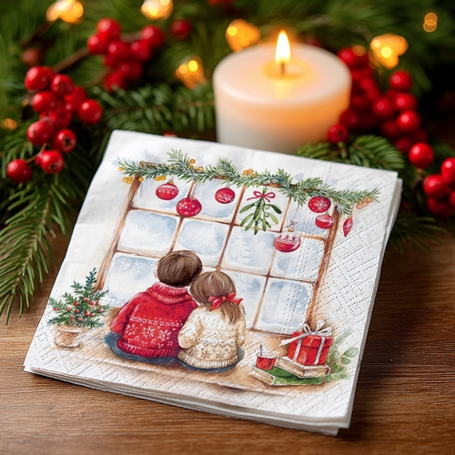 20 kleine Cocktailservietten Looking for Christmas - Kinder am Weihnachtsfenster 25x25cm