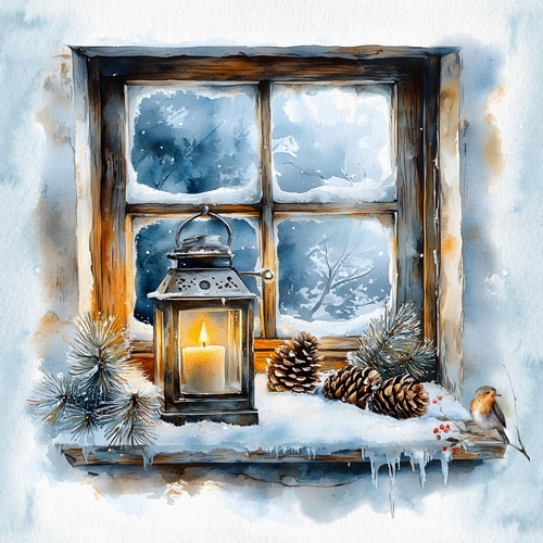 20 Servietten Frosted Window - Winterlaterne am Fenster 33x33cm