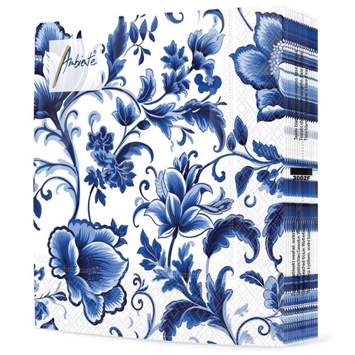 20 Servietten Delft Blue Florals - Blaue Blumenkunst 33x33cm