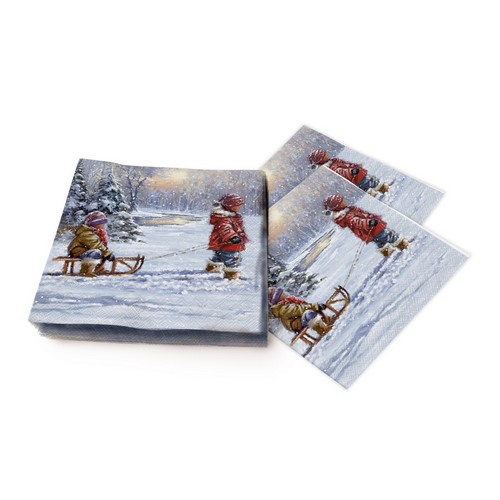 20 Servietten Winter Sleigh Ride - Kind zieht Schlitten 33x33cm