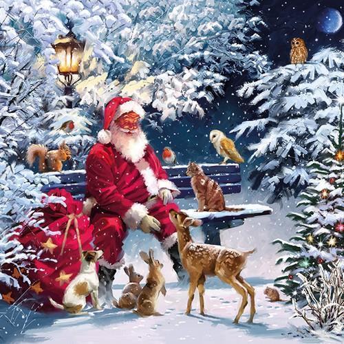 20 Servietten Santa on Bench - Tiere versammeln sich um Santa 33x33cm