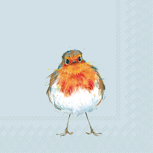20 Servietten Robin Chico light blue - Witziges Rotkehlchen auf blau 33x33cm