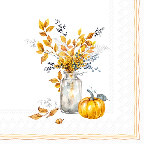 20 Servietten Autumn Glow Bouquet - Kürbis an Herbstvase 33x33cm