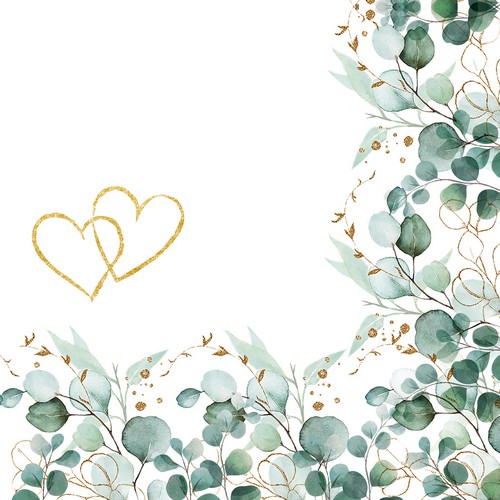 50 Servietten Eucalyptus Frame Hearts - Eukalyptus Bordüre Herzen 33x33cm
