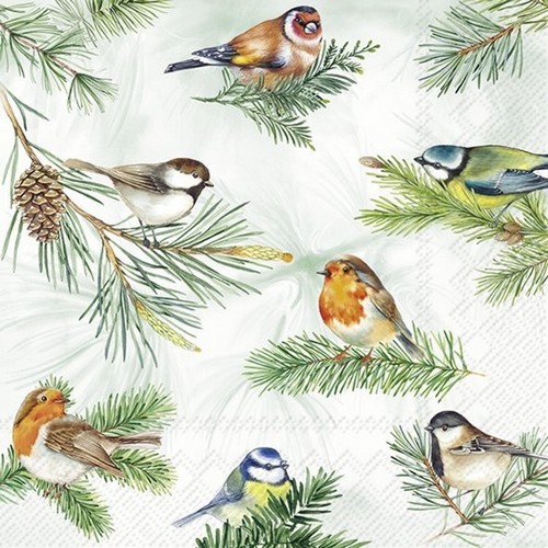 20 Servietten Charming Birds green - Vögel auf zarte Zweige 33x33cm