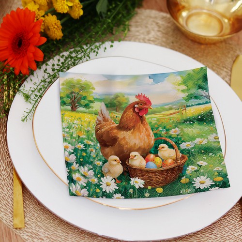 20 Servietten Easter Chick in Meadow - Henne am Korb mit Küken 33x33cm
