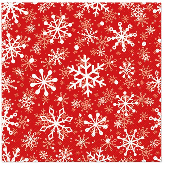 20 Servietten Christmas Snowflakes red – Weiße Schneeflocken auf rot 33x33cm