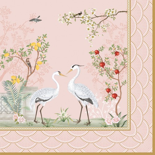 20 Servietten Jardin de reves - Kraniche im rosa Paradies 33x33cm