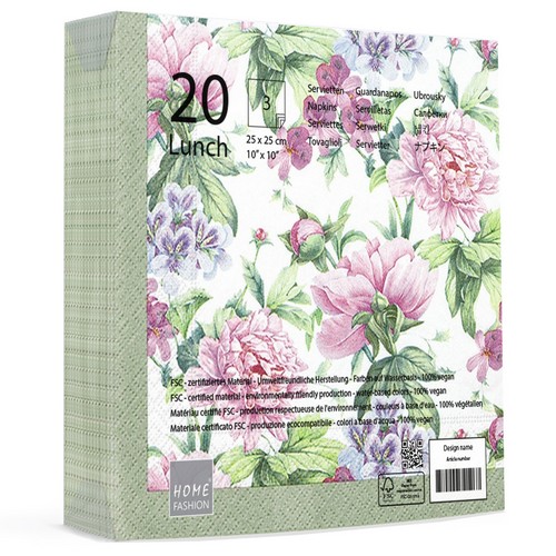 20 Servietten Botanical Romance - Pfingstrosen an grüner Bordüre 33x33cm