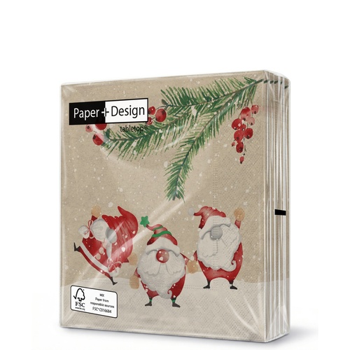 20 kleine Cocktailservietten aus Recycling-Papier Santa story - Weihnachtswichtel unter Zweig 25x25cm
