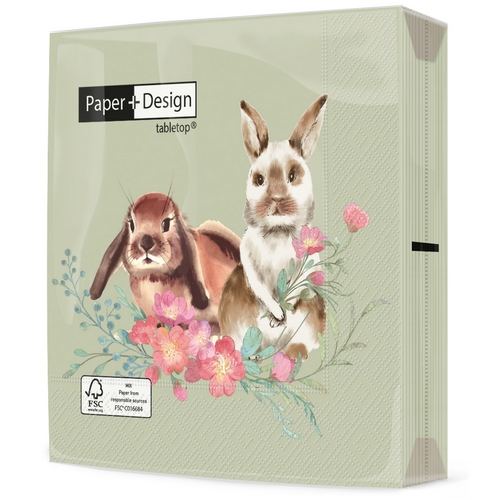 20 Servietten Misty Easter - Hasenpaar an Blüten 33x33cm
