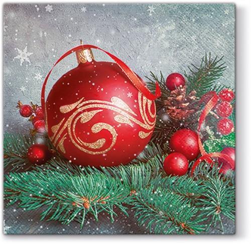 20 Servietten Bauble on Twig - Rote Kugel auf Zweige 33x33cm
