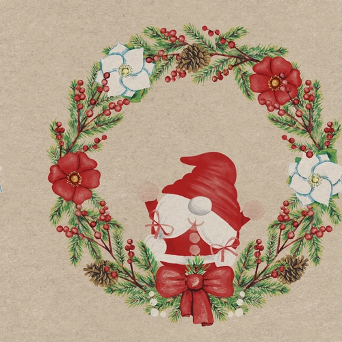 20 Servietten aus Recycling-Papier Santas garland - Wichtel im Kranz 33x33cm