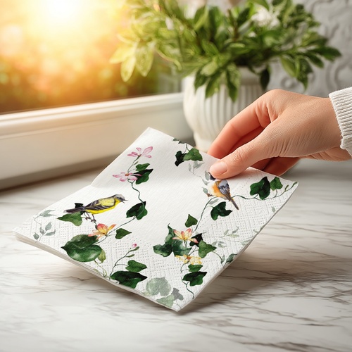 20 kleine Cocktailservietten Botanical Vine - Vögel an Efeu 25x25cm