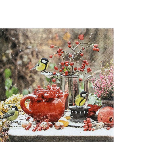 20 kleine Cocktailservietten Winter Ambiance - Blaumeisen am Wintertisch 25x25cm