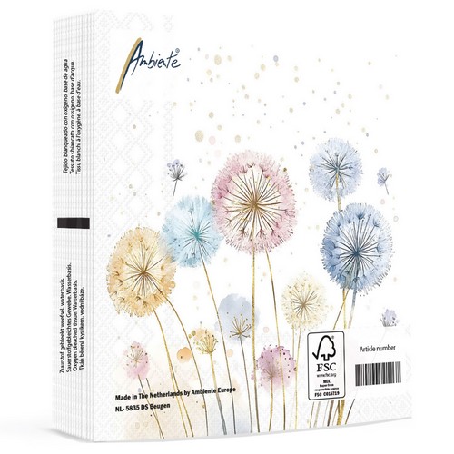 20 Servietten Dandelions - Löwenzahn in Pastellfarben 33x33cm