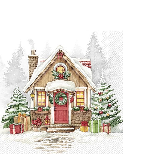 Cocktailserviette „Festive House“ mit verschneites Weihnachtshaus mit Türkranz und Geschenken in Rot, Grün – Nahaufnahme des Motivdrucks, 25x25 cm, 20 Stück, IHR Papierservietten