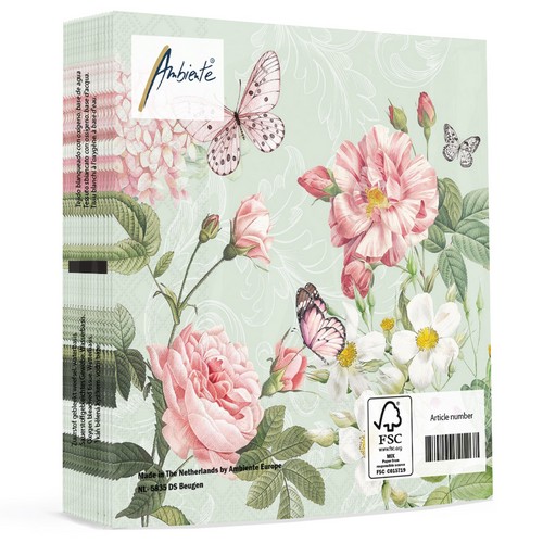 20 Servietten Amelia green - Schmetterlinge an Sommerblumen grün 33x33cm