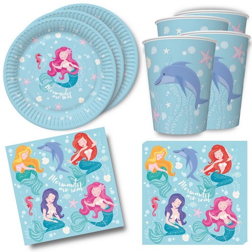 36-teiliges Tischdeko-Set Pastel Mermaids - Schöne Meerjungfrauen auf Teller, Becher und Servietten