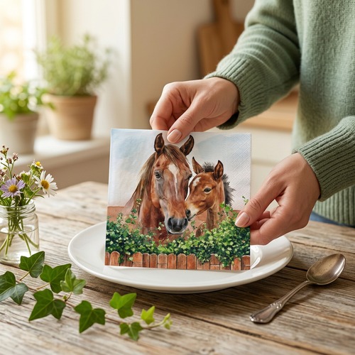 20 Servietten Fattrice e Puledro - Pferdefamilie am Zaun 33x33cm